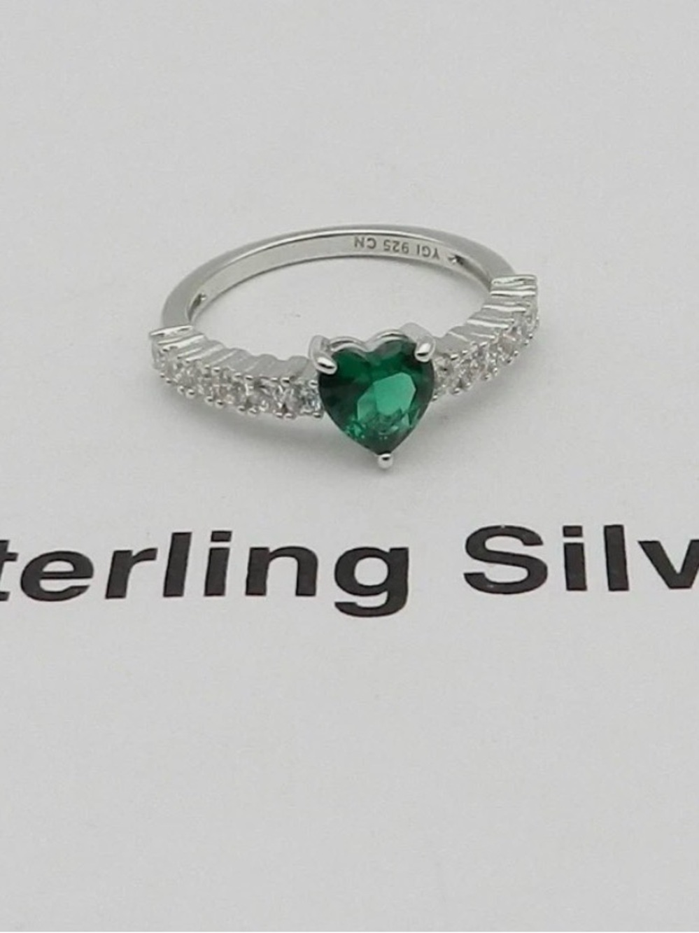 Macy's Green Heart Cubic Zirconia Ring in Rhodium Plated Sterling Silver
Sz 6